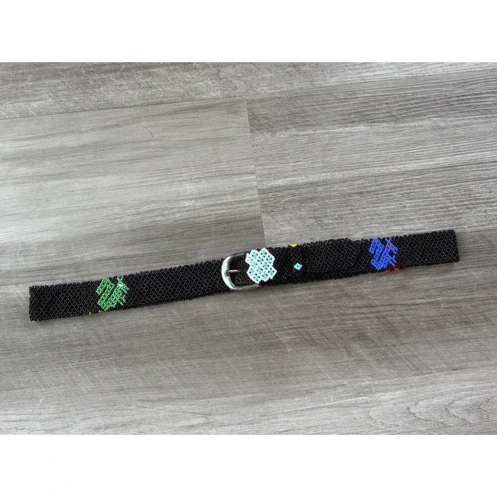 Womens Black Beaded Belt Size M Buckle Hippie Boho Indie